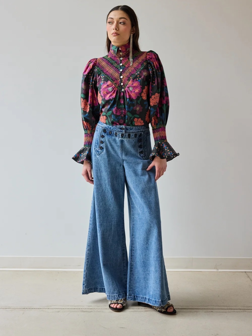 Hope for Flowers by Tracy Reese Floral Puff-Sleeve High Neck Blouse Size M - Picture 9 of 9